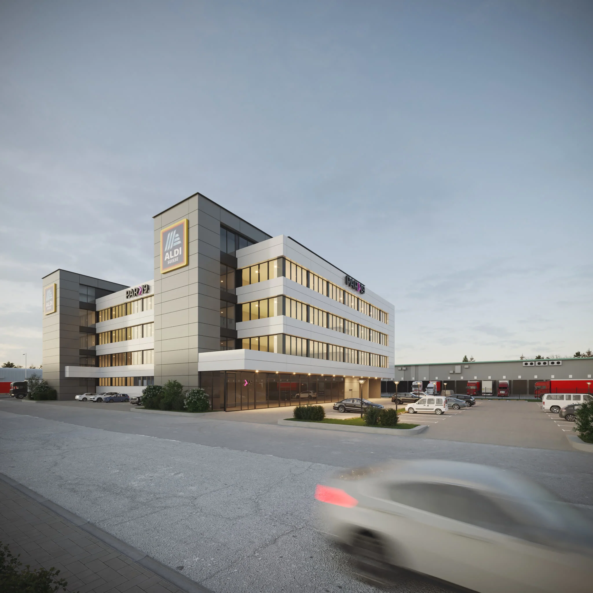 Aussenvisualisierung Gewerbebau Abenddämmerung