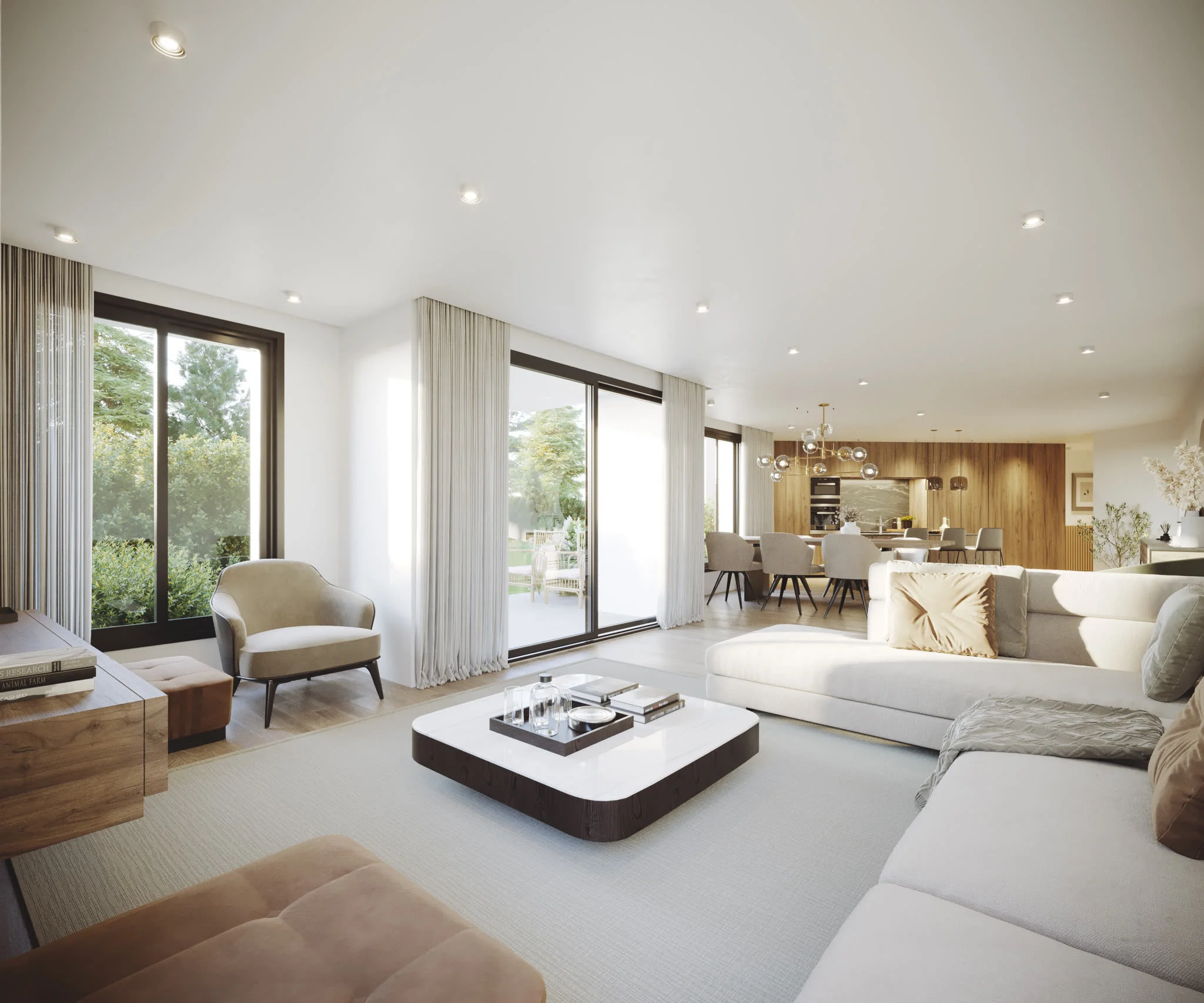Innenvisualisierung Wohnzimmer mit Gartenblick